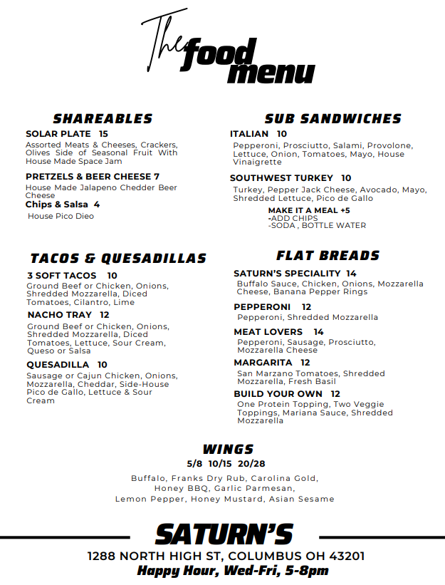 Saturn's Sports Bar menu with the best wings in Columbus, Ohio